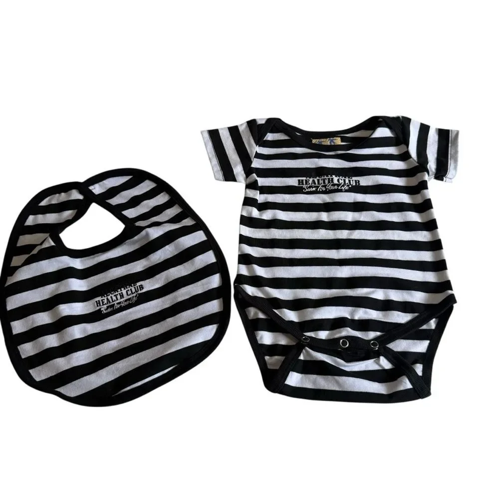 NWT Vintage Alcatraz Health Club Swim For Your Life Striped Baby Onesie & Bib S